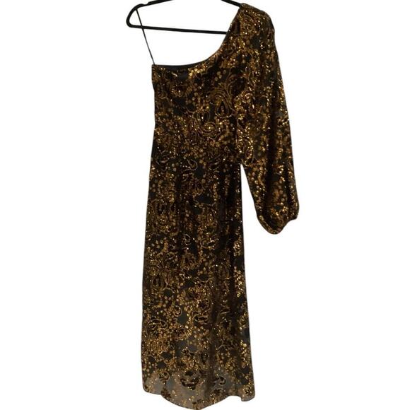 Hemant & Nandita Inara Flocked Lurex Chiffon Midi Dress In Gold Size XS - Picture 10 of 14